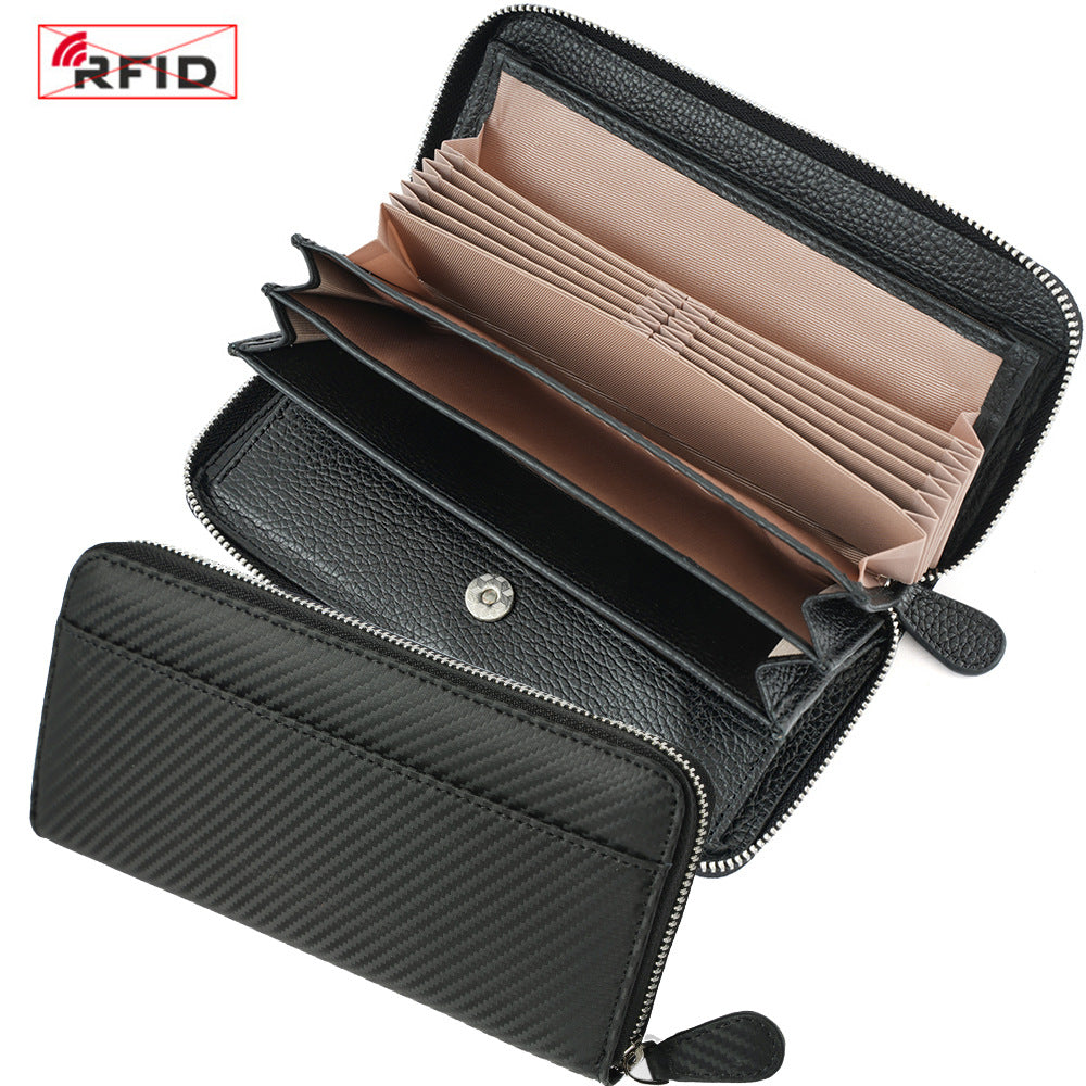 Top-Grain Cowhide Zip-Around Long Wallet with RFID Blocking in Classic - Carbon Black