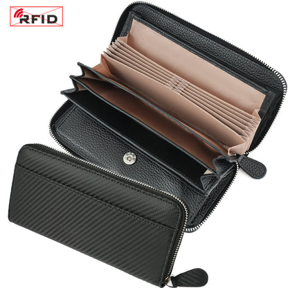 Top-Grain Cowhide Zip-Around Long Wallet with RFID Blocking in Classic - Carbon Black