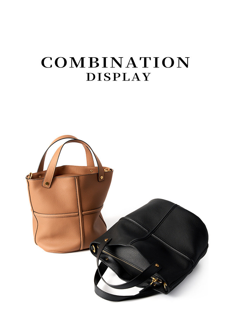 Black and brown bucket bags displayed together