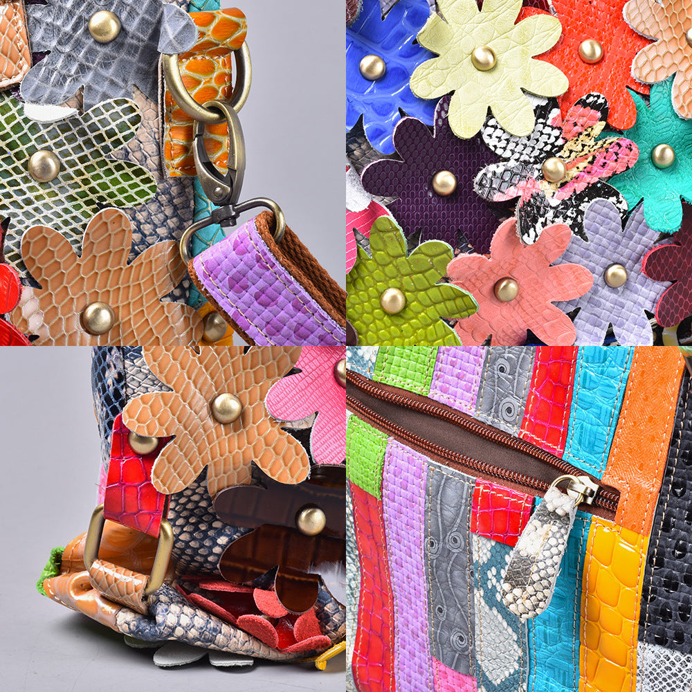 Close-up of flower appliques, stud accents, and textured leather panels