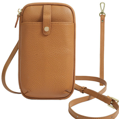 Caramel brown leather phone bag with pebbled texture and adjustable shoulder strap