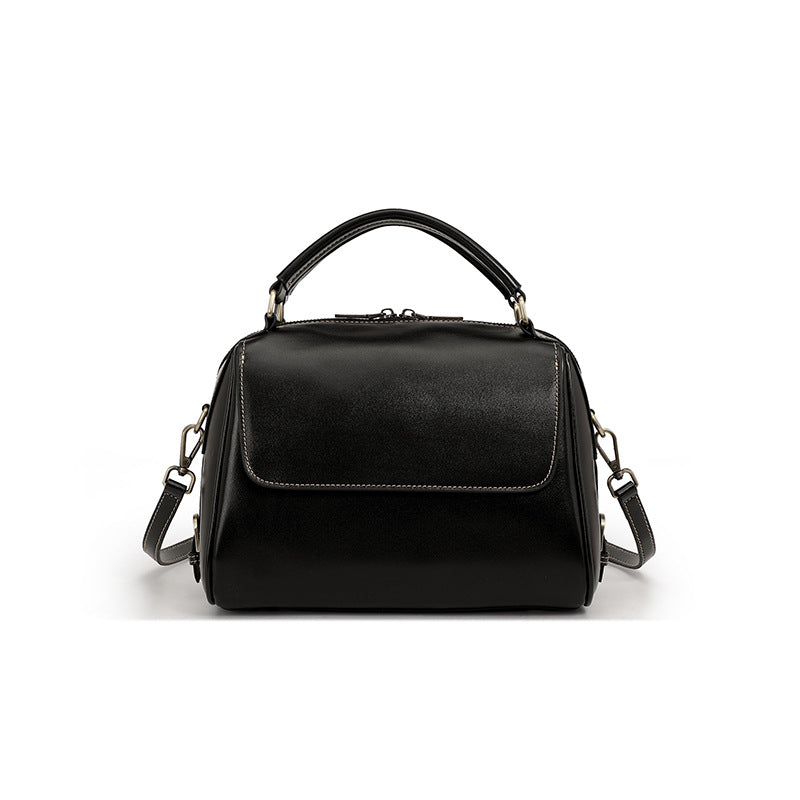 Cowhide Leather Boston Shoulder Bag in Black
