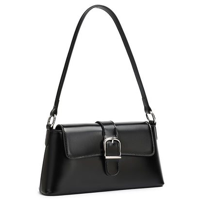 Black genuine leather baguette shoulder bag on white background