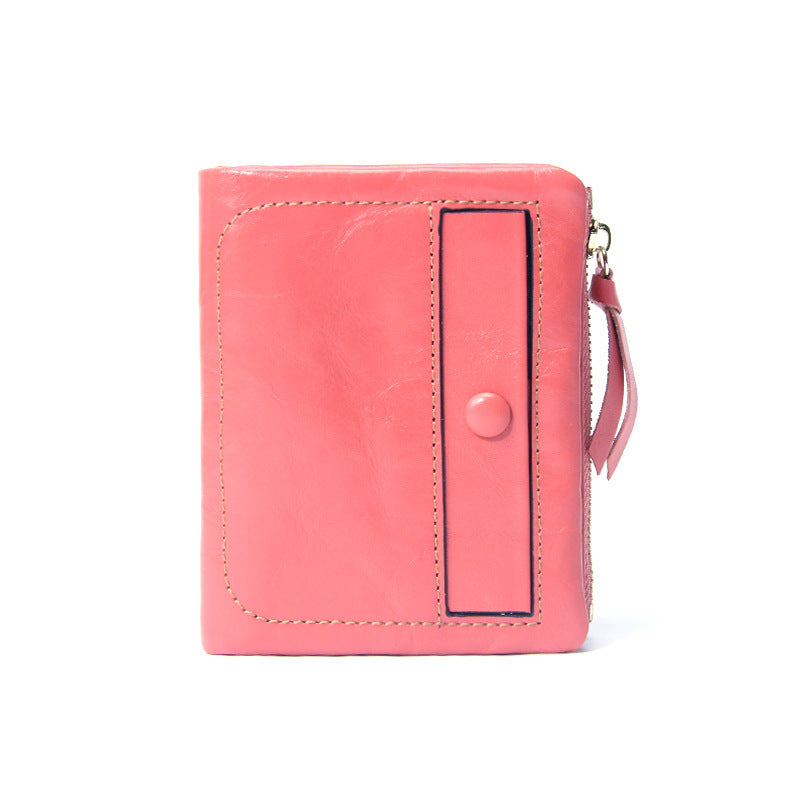 Top-Grain Cowhide Vintage Vertical Short Wallet in Pink