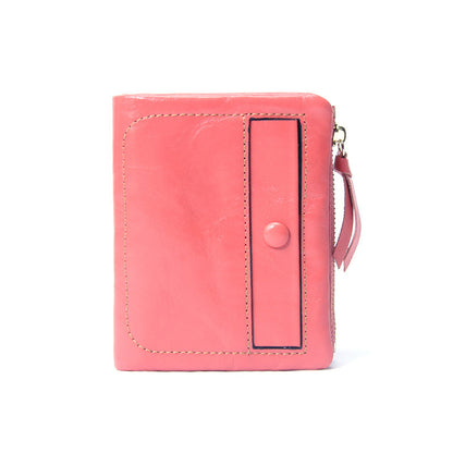 Top-Grain Cowhide Vintage Vertical Short Wallet in Pink