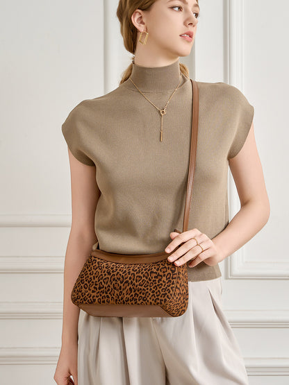 Leopard-print suede-textured cowhide crossbody bag, front view