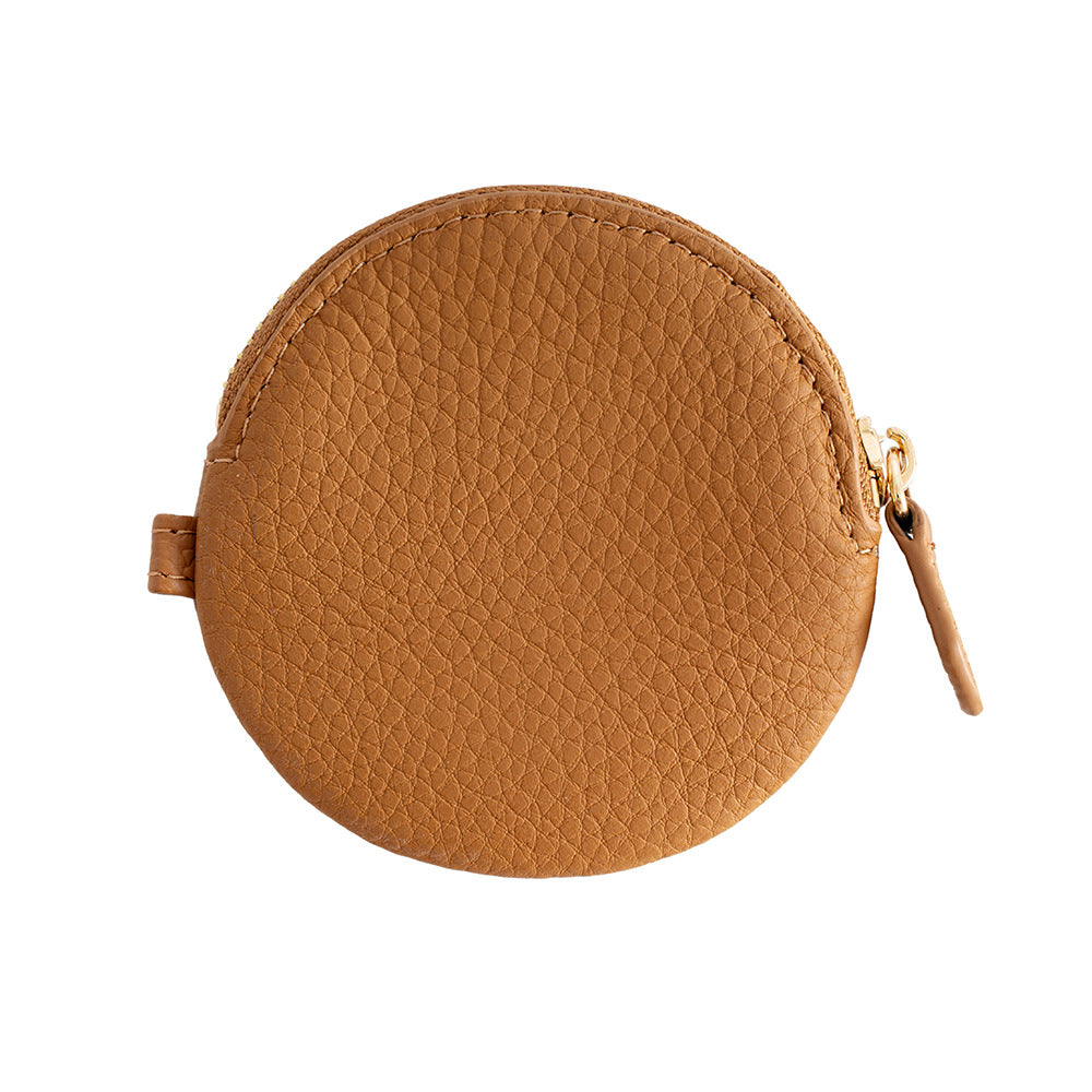 Cowhide Leather Micro Round Coin Purse with Zipper in Coffee