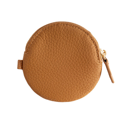 Cowhide Leather Micro Round Coin Purse with Zipper in Coffee