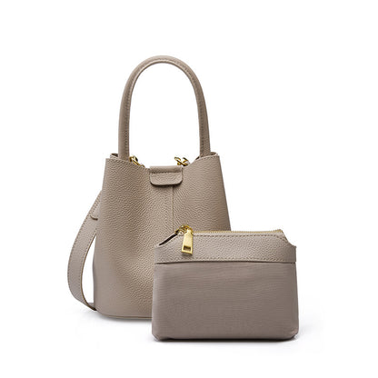 Milk tea bucket bag with matching zip pouch set on white background