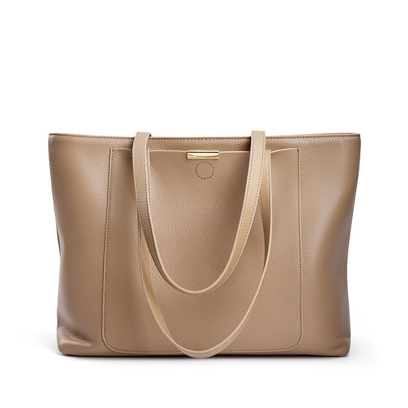 Apricot pebbled cowhide leather tote bag shown from the front