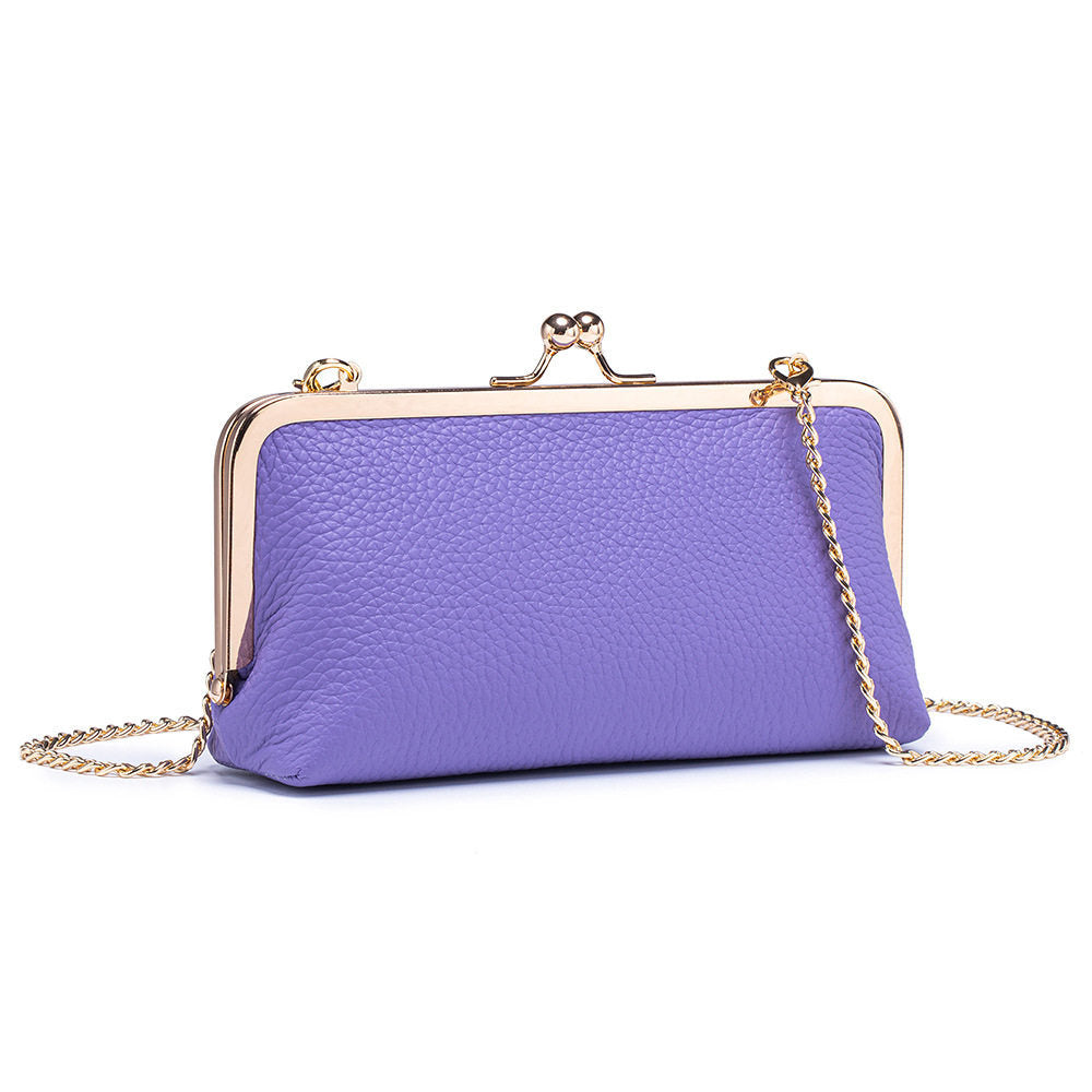 Light purple cowhide frame bag showing its textured front