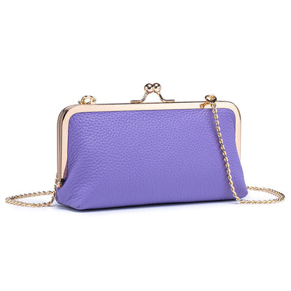 Light purple cowhide frame bag showing its textured front