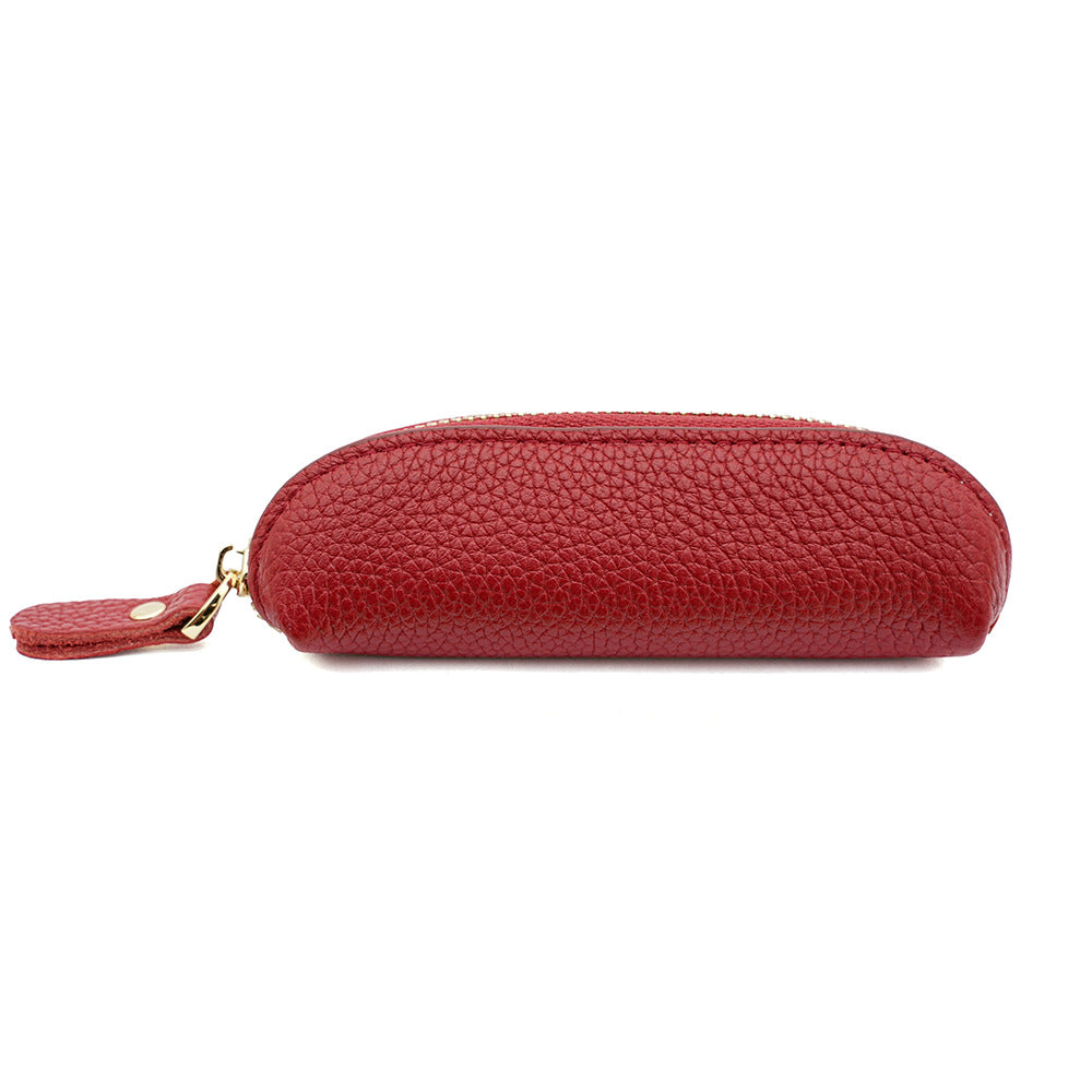 Red genuine leather mini coin pouch with zipper pull