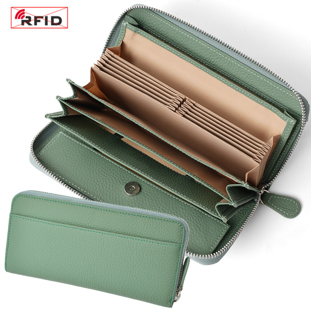 Top-Grain Cowhide Zip-Around Long Wallet with RFID Blocking in Classic - Jade Green