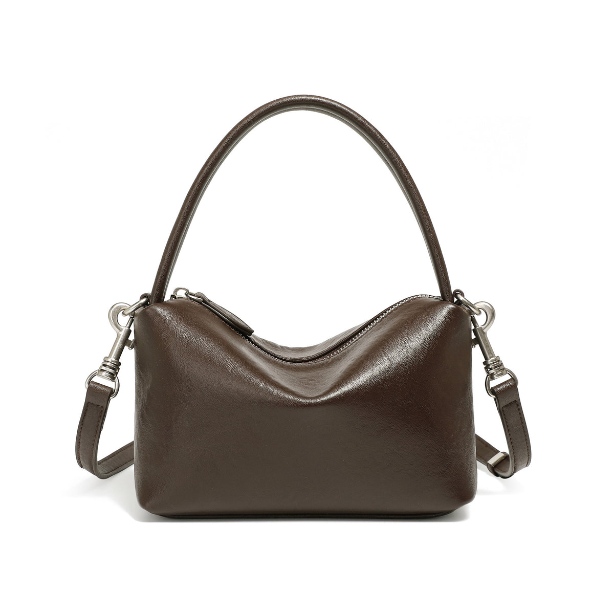 Top-Grain Cowhide Pillow Bag with Detachable Strap in Chocolate