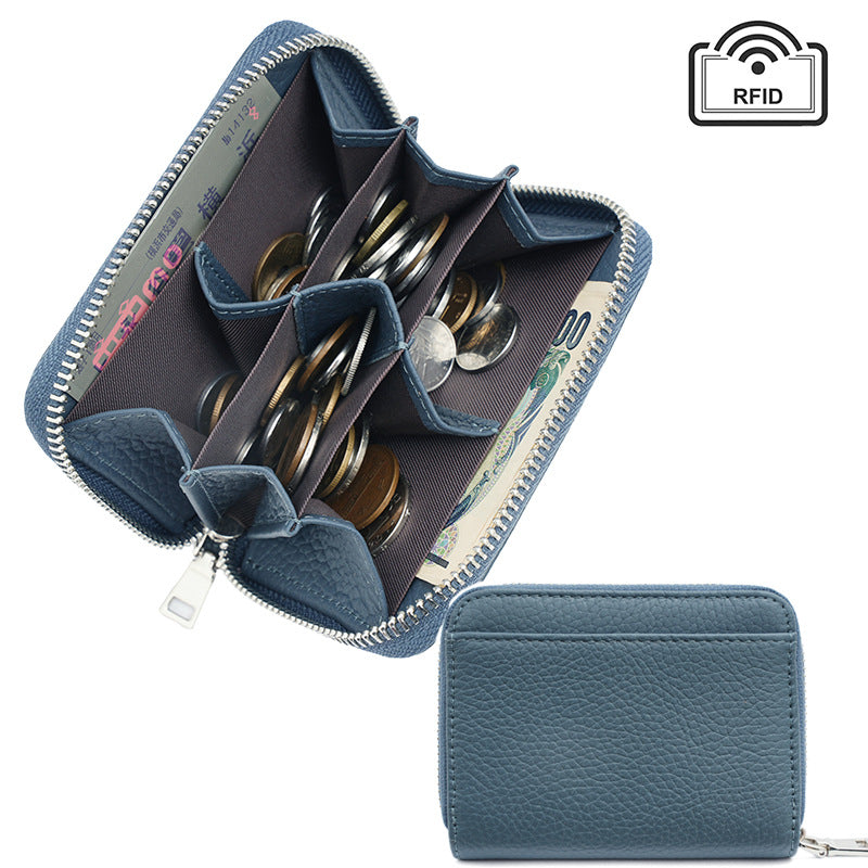 Navy blue genuine leather coin wallet with zip closure on white background