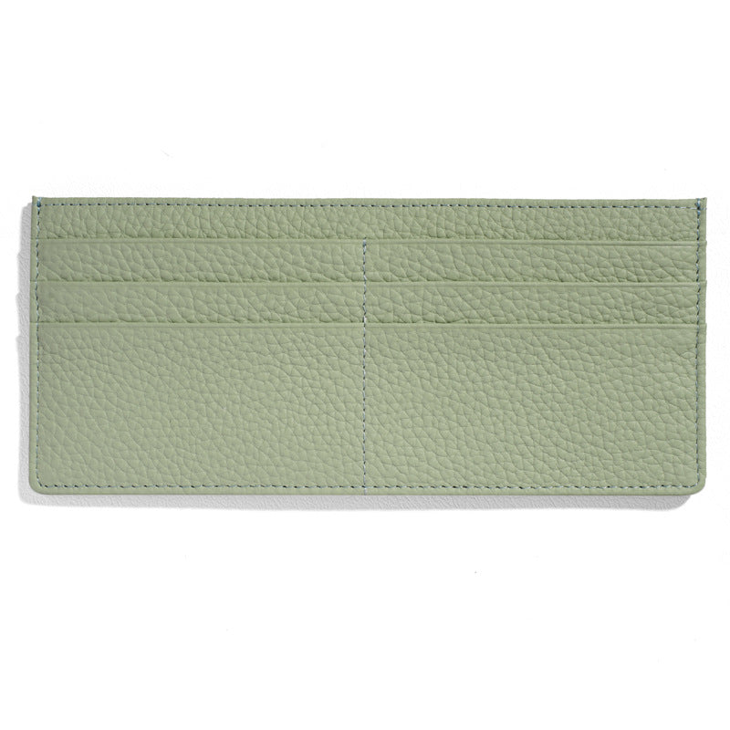 Light green pebbled leather wallet card holder design detail