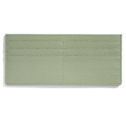 Light green pebbled leather wallet card holder design detail