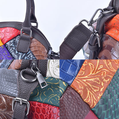 Side profile showing the depth and zip closure of the patchwork bag