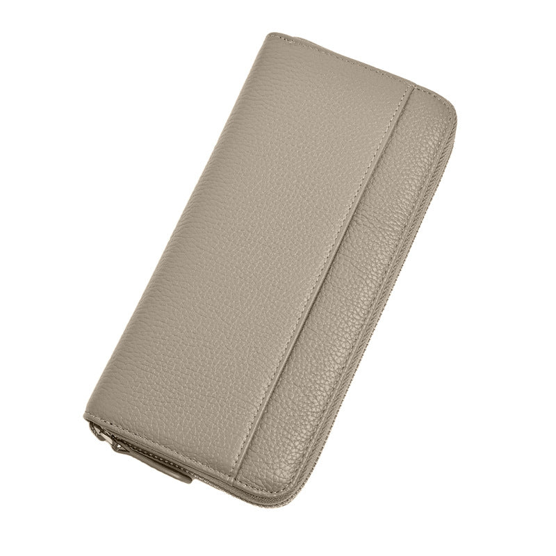 Closed gray pebbled cowhide long wallet with zip-around edge