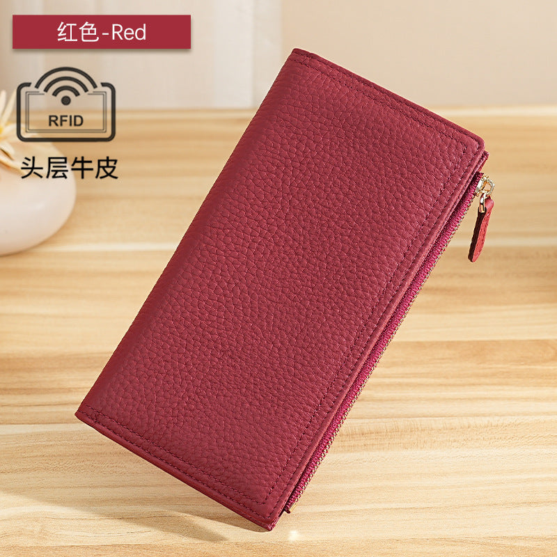 Top-Grain Cowhide Long Wallet with RFID-Blocking Lining in Burgundy