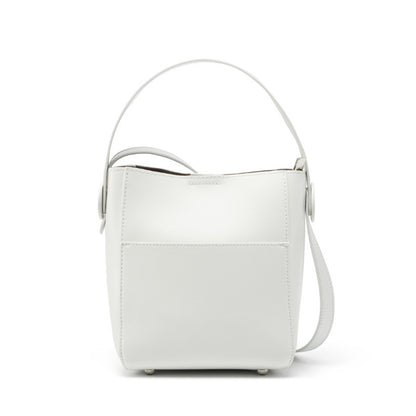 Off-white cowhide leather bucket crossbody bag on plain white background