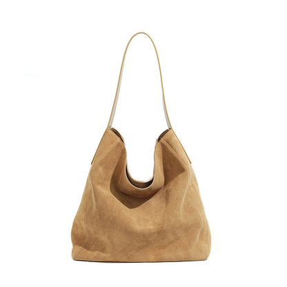 Suede Cowhide Small Plus Shoulder Tote Bag in Brown