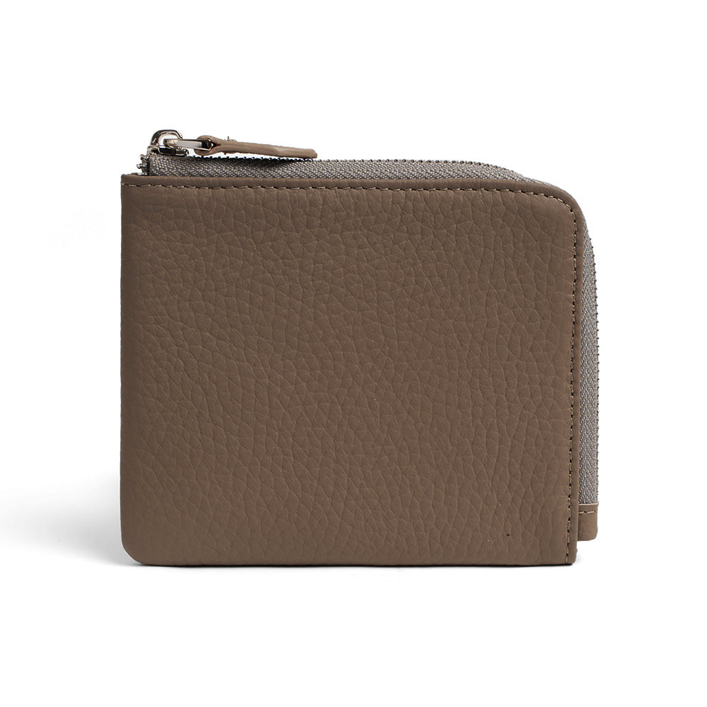 Coffee brown pebbled leather short wallet with silver-tone zip pull