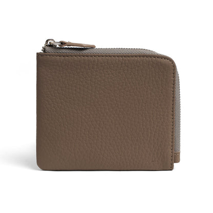 Coffee brown pebbled leather short wallet with silver-tone zip pull