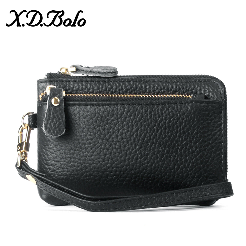 Black genuine leather zip-around clutch wallet with keychain
