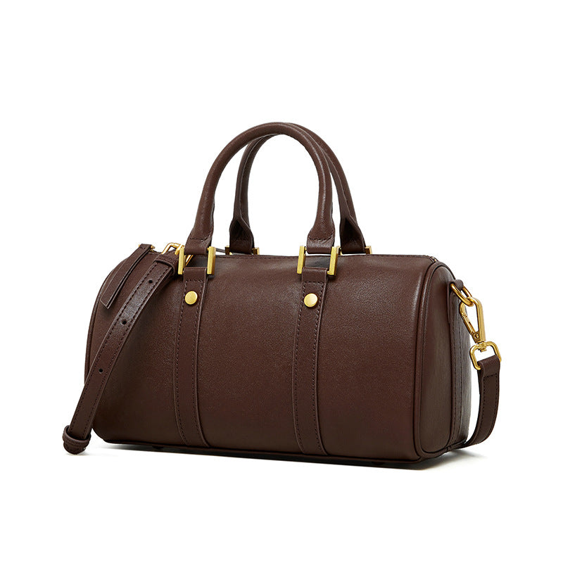 Cowhide Leather Small Boston Bag Top Handle Crossbody in Dark Brown