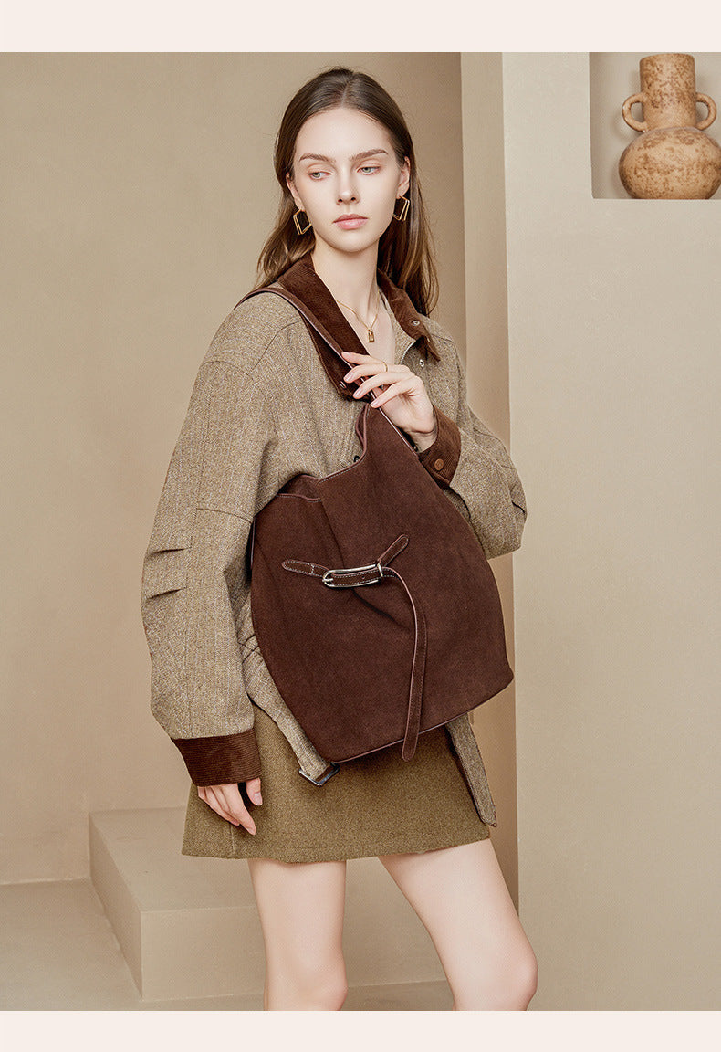 Dark coffee suede shoulder tote shown from the front