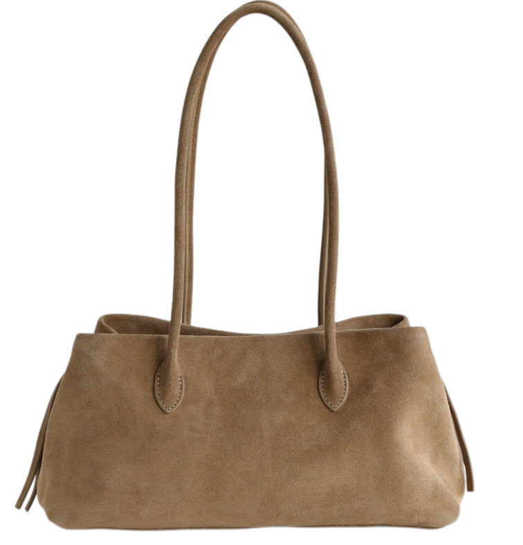 Khaki nubuck cowhide tote with long shoulder handles, front view