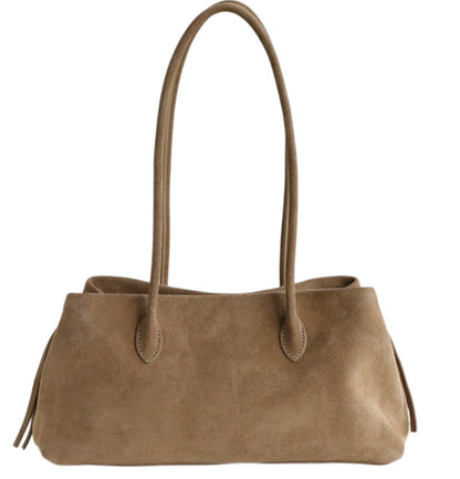 Khaki nubuck cowhide tote with long shoulder handles, front view
