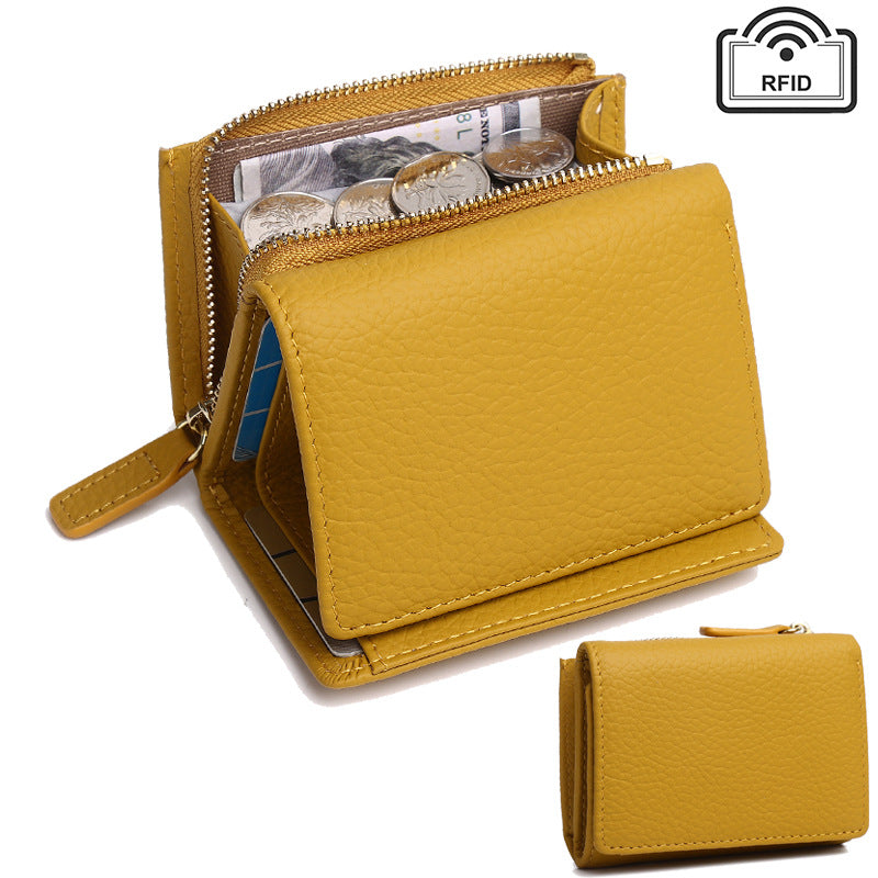 Genuine Leather RFID Small Wallet with Coin Pocket in Yellow