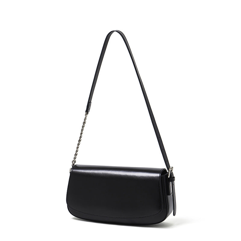 Cowhide Leather Baguette Saddle Shoulder Bag in Black