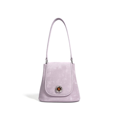 Split Leather Small Bucket Bag with Magnetic Flap in Hyacinth Purple