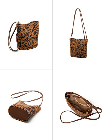 Leopard print nubuck bucket bag shown from four angles including interior