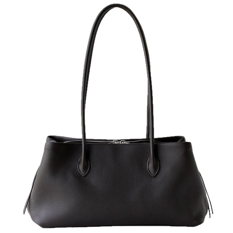 Black smooth leather tote shown from the front