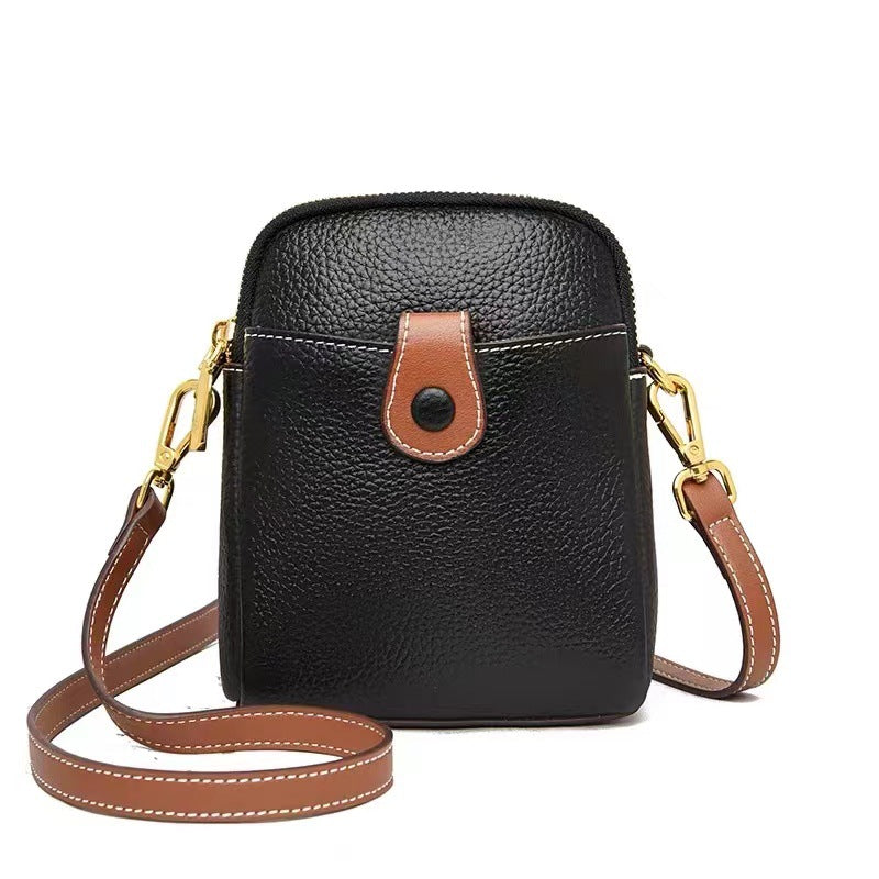 Black cowhide small crossbody bag with brown leather trim and gold-tone clips