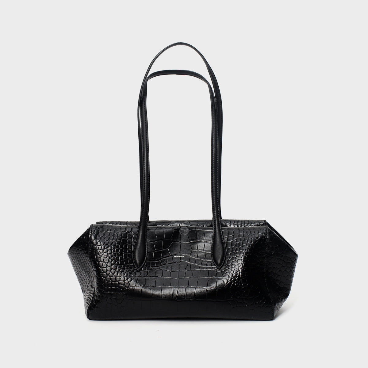 Black crocodile-embossed leather tote, front view