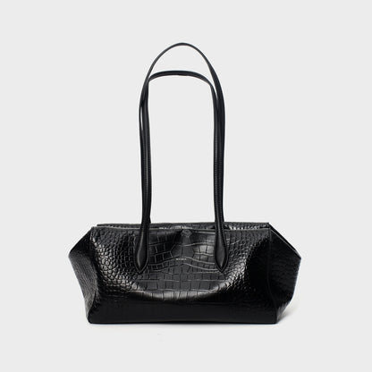 Black crocodile-embossed leather tote, front view