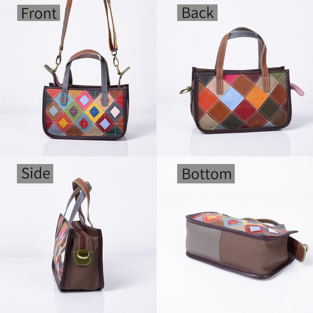 Front, back, side, and base views of the patchwork shoulder bag