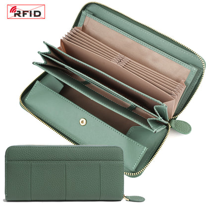 Top-Grain Cowhide Zip-Around Long Wallet with RFID Blocking in Color Block - Jade Green