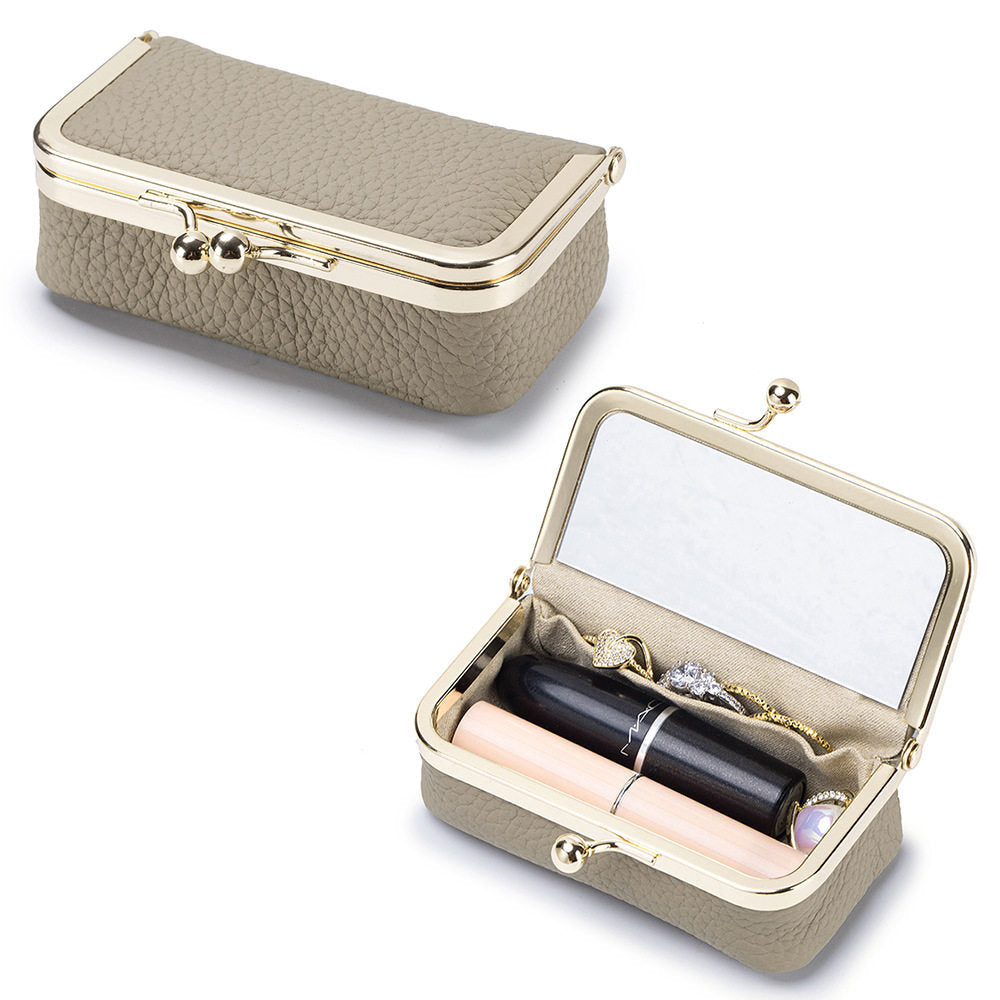 Top-Grain Cowhide Lipstick and Jewelry Pouch with Mirror in Elephant Gray