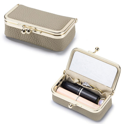 Top-Grain Cowhide Lipstick and Jewelry Pouch with Mirror in Elephant Gray