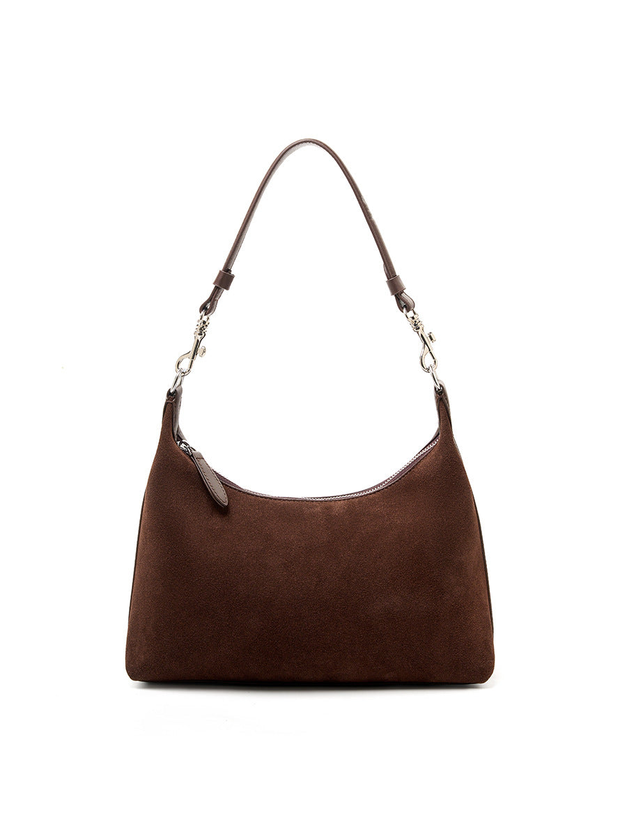 Front view of the brown suede-finish shoulder bag
