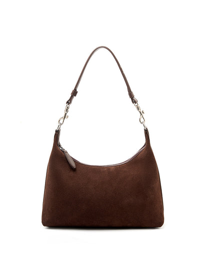 Front view of the brown suede-finish shoulder bag