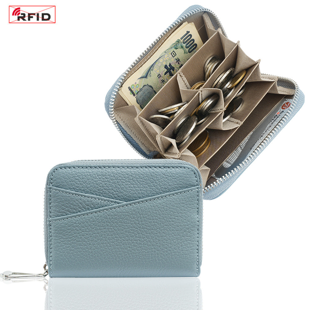 Genuine Leather Coin Purse with RFID Blocking Card Slots in Light Blue/Light Grey