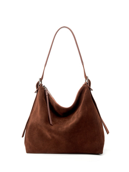 Brown shoulder tote photographed at an angled front view
